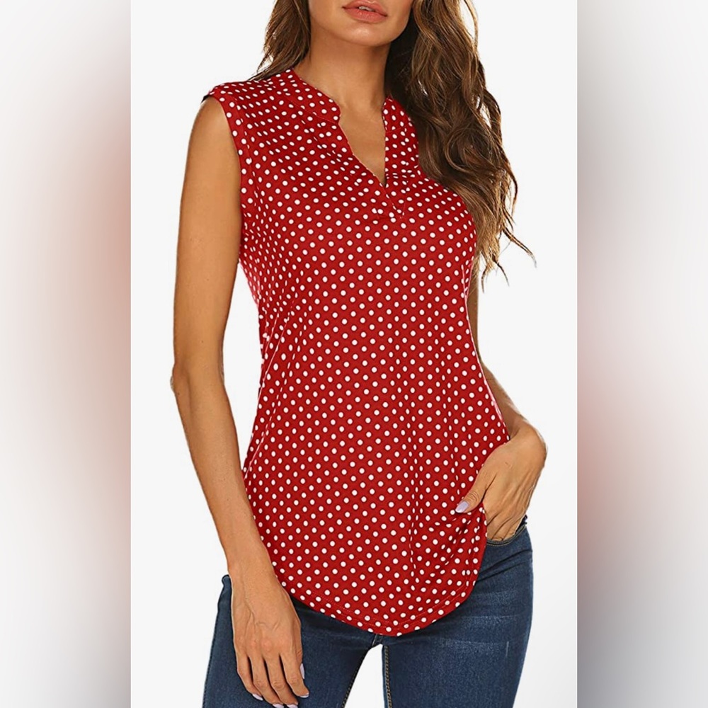 Halife Women's Small Sleeveless Red Polka Print V Neck Tunic Tank Tops Blouse